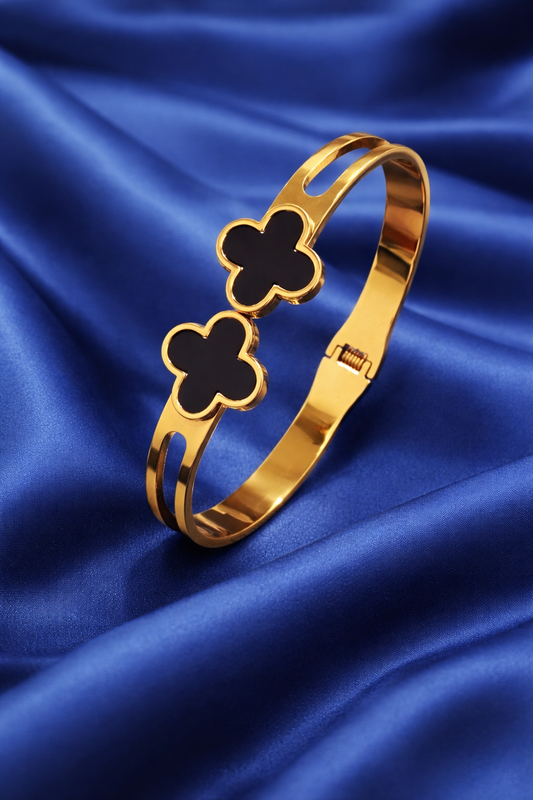 Elegant Black Clover Gold-Tone Bangle Bracelet