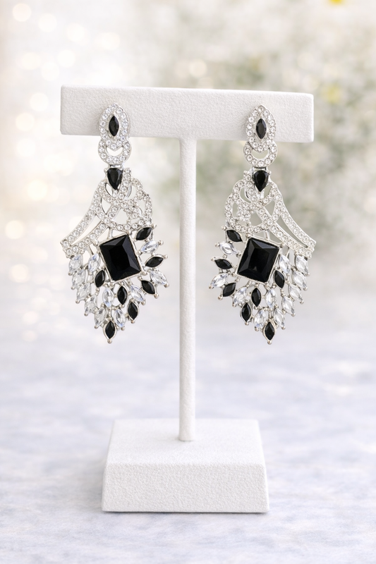 Elegant Black & Crystal Chandelier Earrings – Product Description