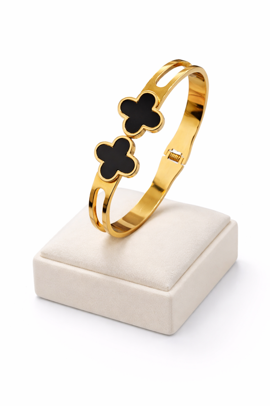 Elegant Black Clover Gold-Tone Bangle Bracelet